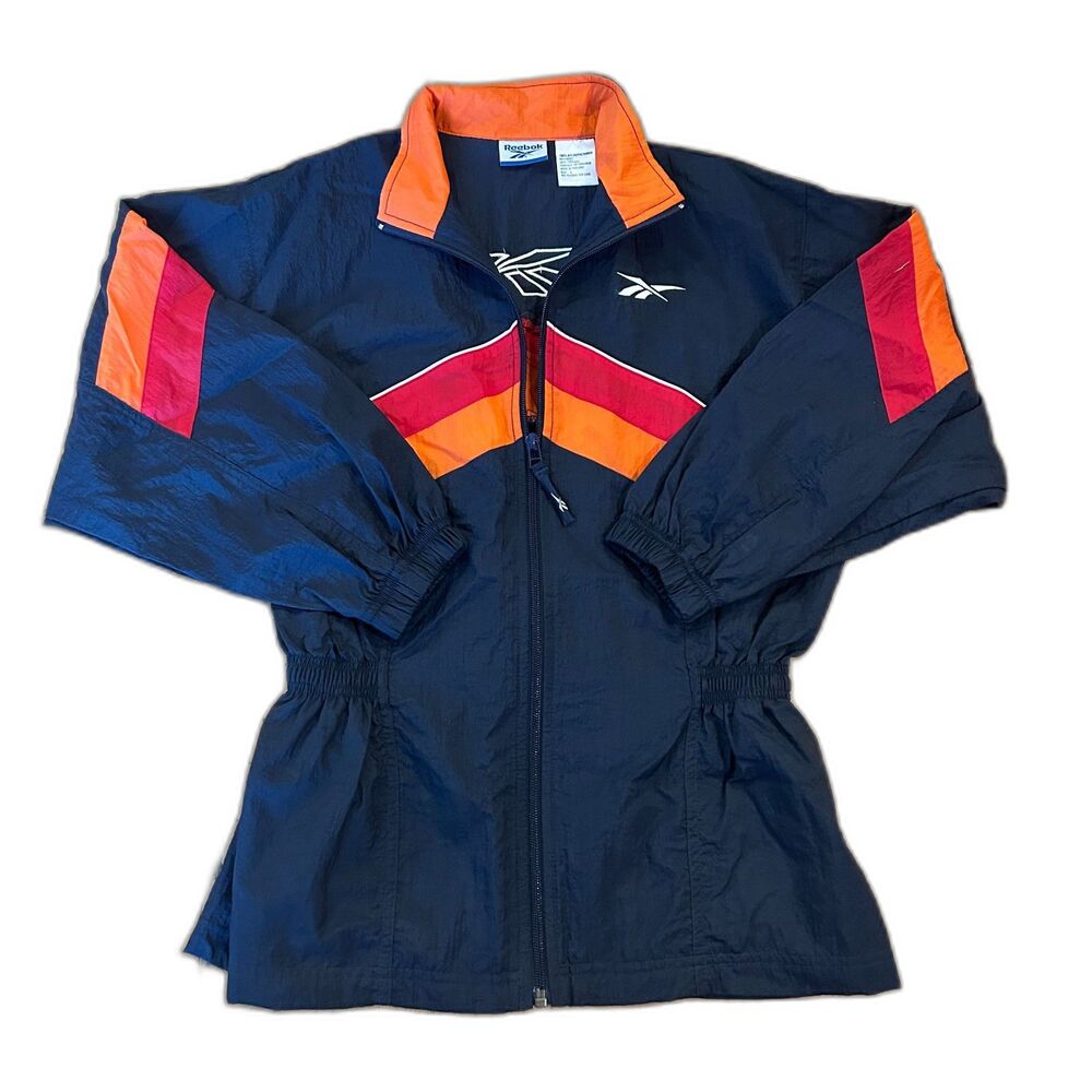 Vintage 90s Reebok Windbreaker Jacket Navy Blue Orange Red Chevron Colorblock L